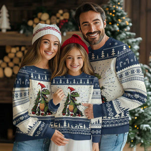 Dinosaur Christmas Ugly Christmas Sweater Fa Ra Ra Ra Rawr Xmas Tree Santa Rex Lover TS02 Navy Print Your Wear