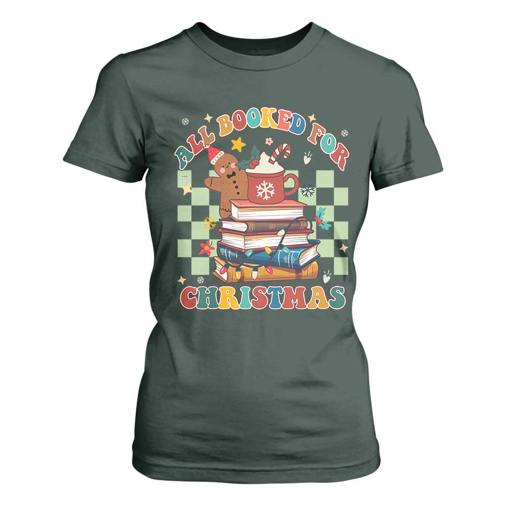 Reading Christmas T Shirt For Women All Booked For Xmas Books and Cocoa Lover TS02 Dark Forest Green Print Your Wear