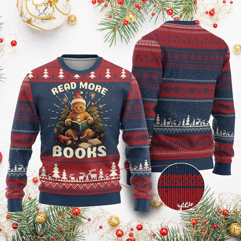 Reading Gingerbread Ugly Christmas Sweater Read More Books Funny Christmas Teacher Student Book Lovers TS02 Burgundy Print Your Wear