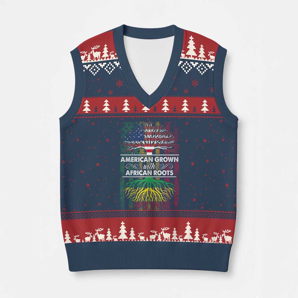 African American Pride V-Neck Knit Sweater Vest American Grown With African Roots African American Flag Tree TS02 Navy Red Print Your Wear