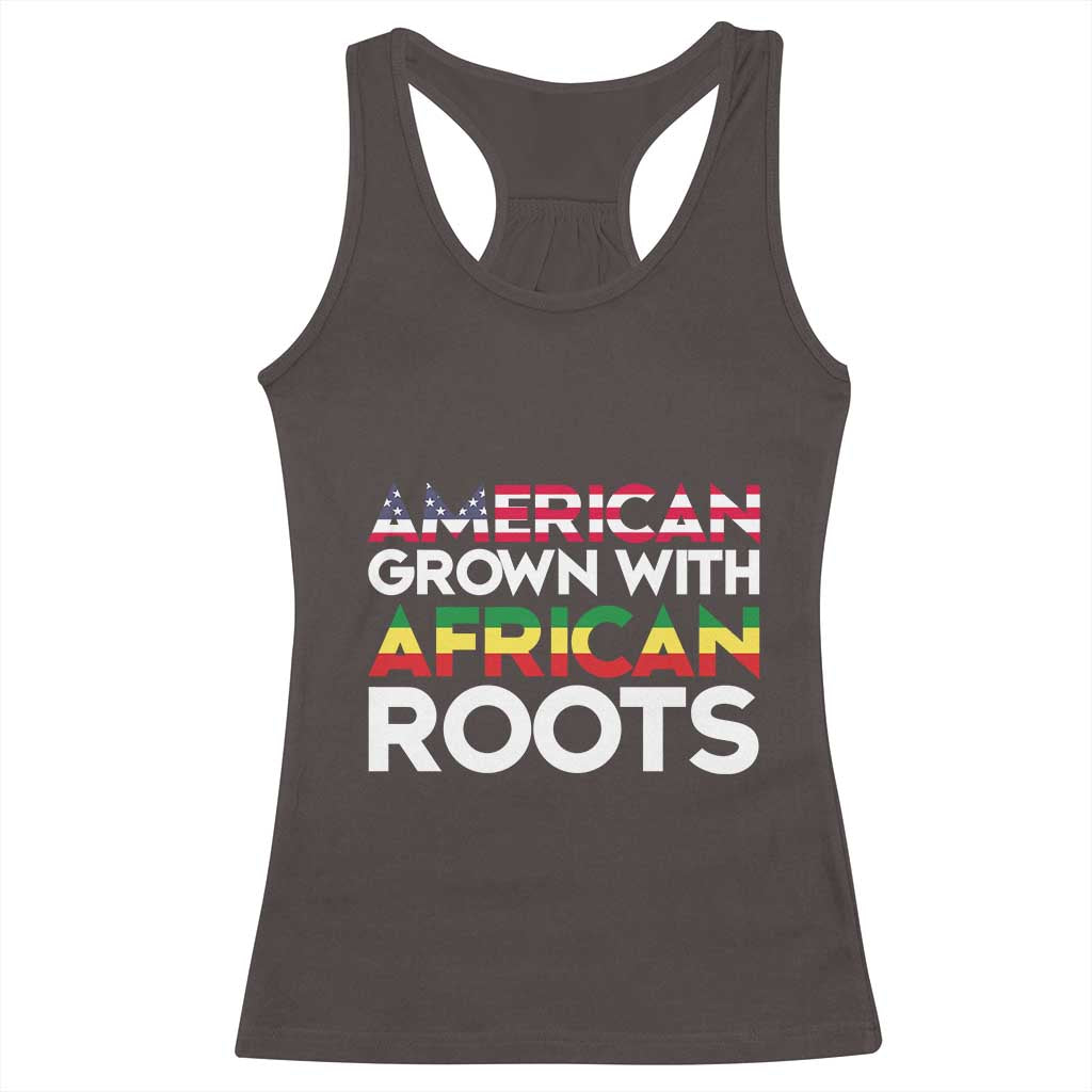 African American Roots Racerback Tank Top American Grown With African Roots US Flag TS02 Dark Chocolate Print Your Wear