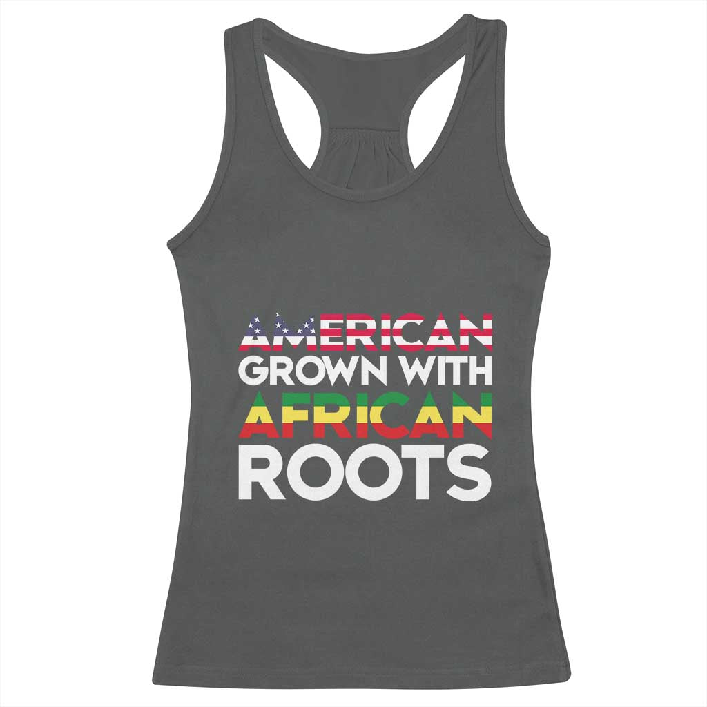 African American Roots Racerback Tank Top American Grown With African Roots US Flag TS02 Dark Heather Print Your Wear