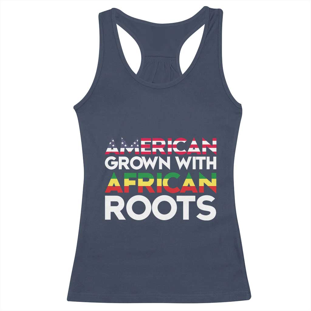 African American Roots Racerback Tank Top American Grown With African Roots US Flag TS02 Navy Print Your Wear