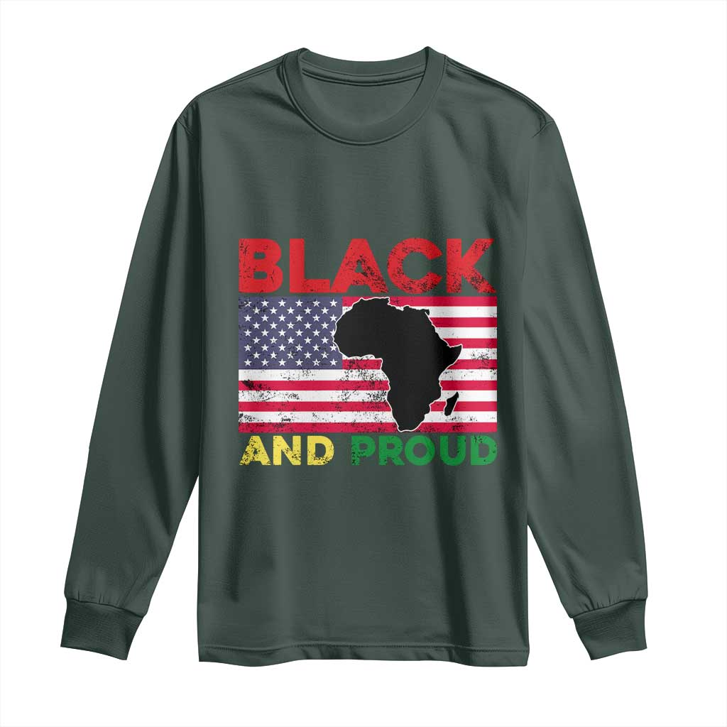 African American Long Sleeve Shirt Black And Proud US Flag Africa Map TS02 Dark Forest Green Print Your Wear