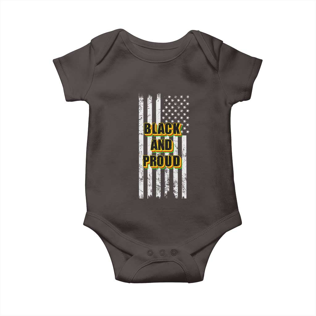 African American Baby Onesie Black And Proud US Flag BHM TS02 Dark Chocolate Print Your Wear