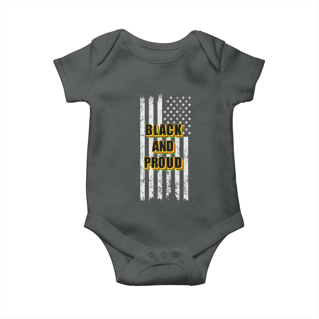 African American Baby Onesie Black And Proud US Flag BHM TS02 Dark Heather Print Your Wear