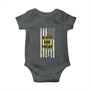 African American Baby Onesie Black And Proud US Flag BHM TS02 Dark Heather Print Your Wear