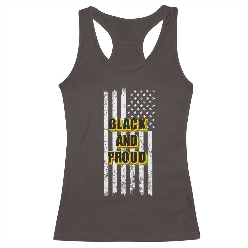 African American Racerback Tank Top Black And Proud US Flag BHM TS02 Dark Chocolate Print Your Wear