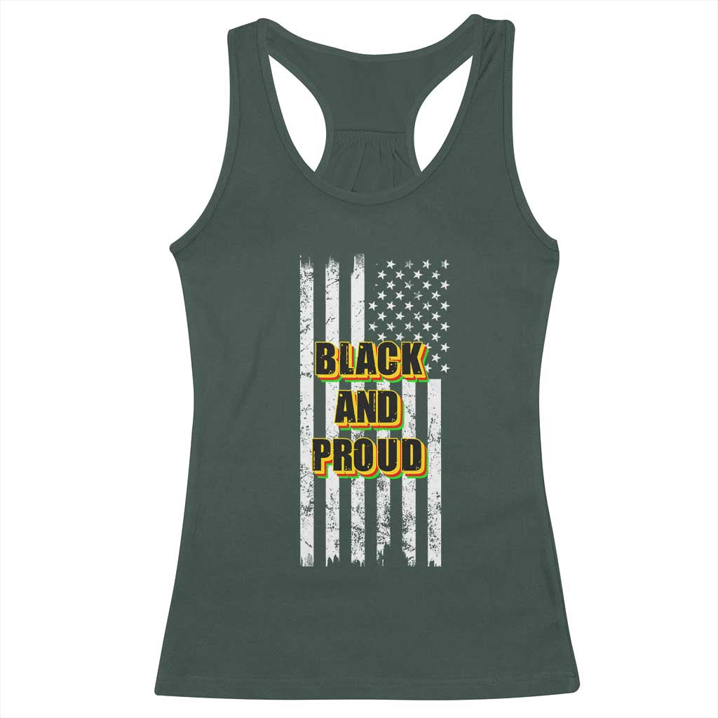 African American Racerback Tank Top Black And Proud US Flag BHM TS02 Dark Forest Green Print Your Wear