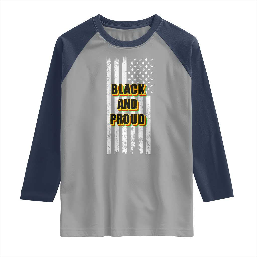 African American Raglan Shirt Black And Proud US Flag BHM TS02 Sport Gray Navy Print Your Wear