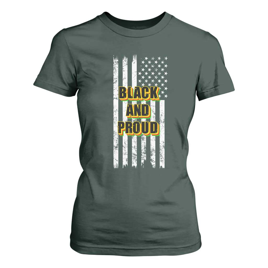 African American T Shirt For Women Black And Proud US Flag BHM TS02 Dark Forest Green Print Your Wear