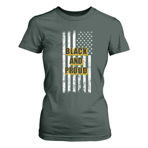 African American T Shirt For Women Black And Proud US Flag BHM TS02 Dark Forest Green Print Your Wear