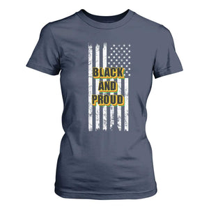 African American T Shirt For Women Black And Proud US Flag BHM TS02 Navy Print Your Wear