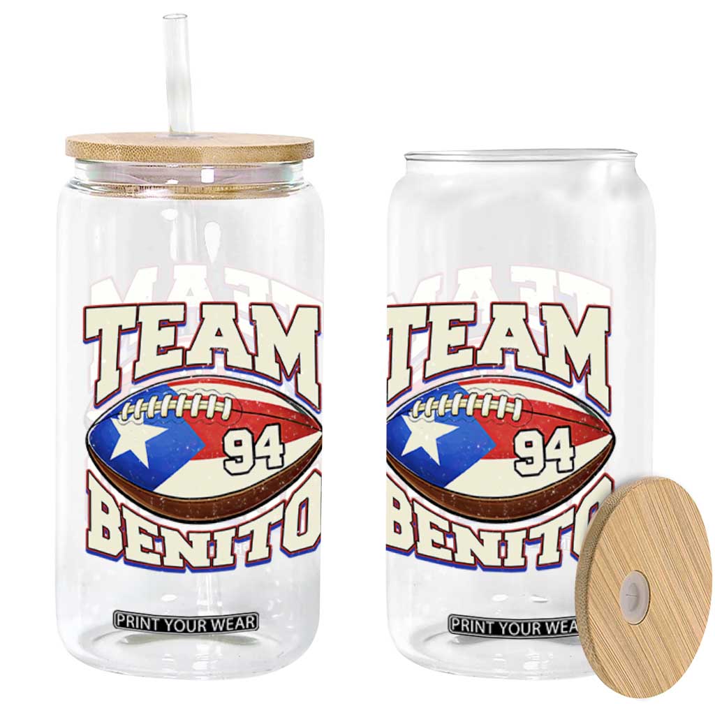Team Benito Puerto Rico Football Pride Glass Can Number 94 Vintage Game Day Music Artist Fan TS02 Print Your Wear
