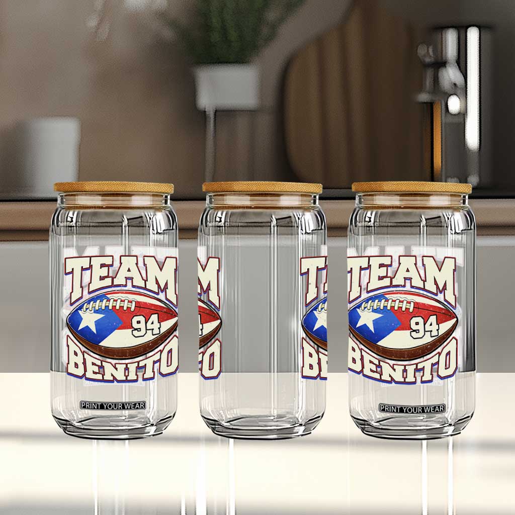 Team Benito Puerto Rico Football Pride Glass Can Number 94 Vintage Game Day Music Artist Fan TS02 Print Your Wear
