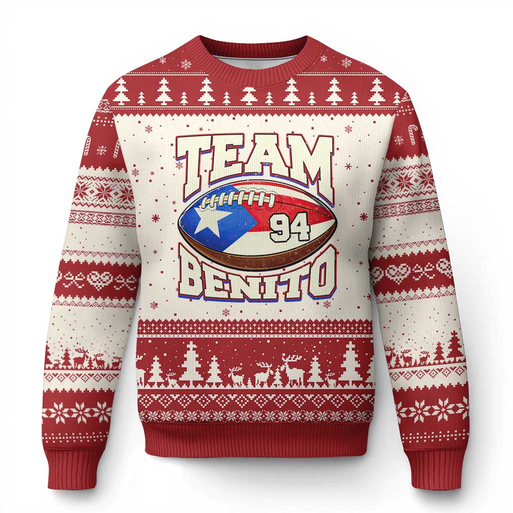Team Benito Puerto Rico Football Pride Ugly Christmas Sweater Number 94 Vintage Game Day Music Artist Fan TS02 Beige Red Print Your Wear