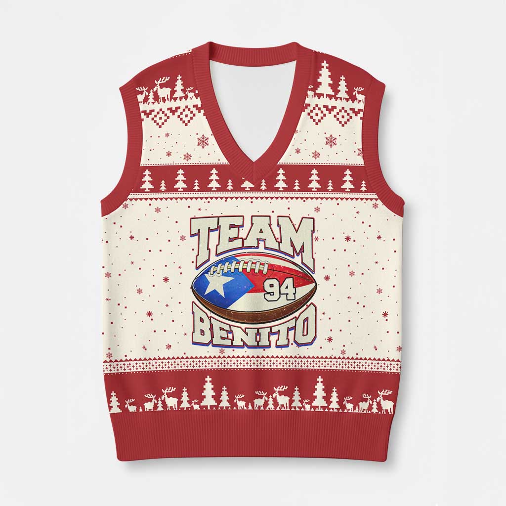 Team Benito Puerto Rico Football Pride V-Neck Knit Sweater Vest Number 94 Vintage Game Day Music Artist Fan TS02 Beige Red Print Your Wear