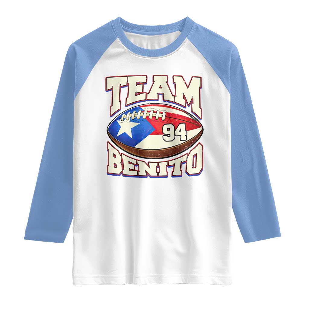 Team Benito Puerto Rico Football Pride Raglan Shirt Number 94 Vintage Game Day Music Artist Fan TS02 White Carolina Blue Print Your Wear