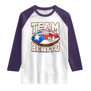 Team Benito Puerto Rico Football Pride Raglan Shirt Number 94 Vintage Game Day Music Artist Fan TS02 White Purple Print Your Wear