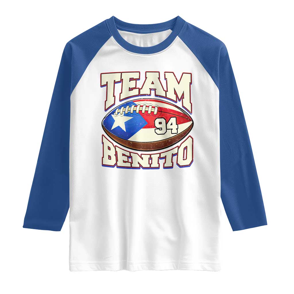 Team Benito Puerto Rico Football Pride Raglan Shirt Number 94 Vintage Game Day Music Artist Fan TS02 White Royal Print Your Wear