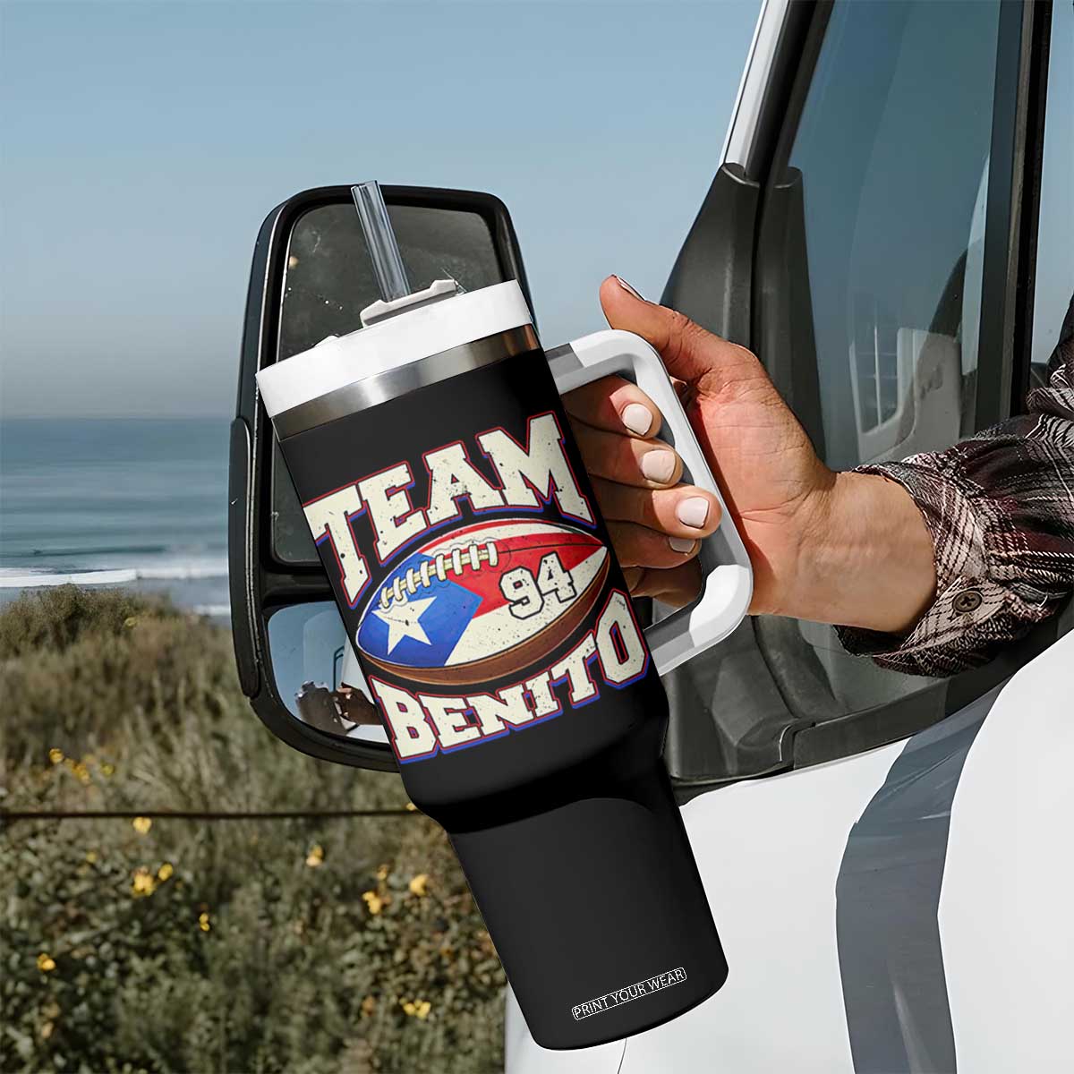 Team Benito Puerto Rico Football Pride Tumbler With Handle Number 94 Vintage Game Day Music Artist Fan TS02 Print Your Wear
