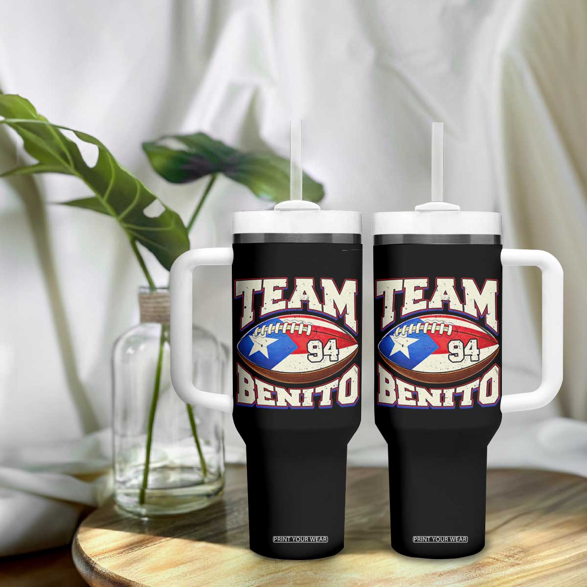 Team Benito Puerto Rico Football Pride Tumbler With Handle Number 94 Vintage Game Day Music Artist Fan TS02 Print Your Wear