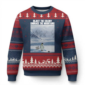 Funny Nihilist Penguin Existential Meme Ugly Christmas Sweater Reject the Colony Embrace the Mountains TS02 Navy Red Print Your Wear