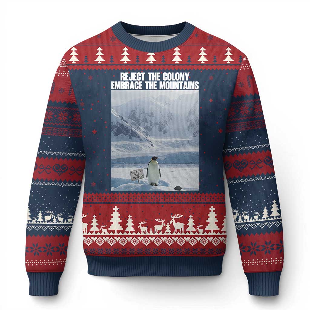 Funny Nihilist Penguin Existential Meme Ugly Christmas Sweater Reject the Colony Embrace the Mountains TS02 Navy Red Print Your Wear