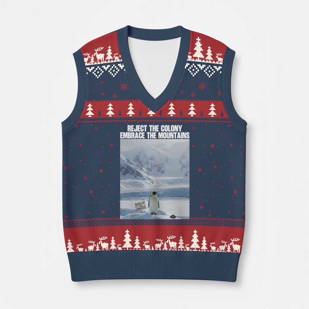 Funny Nihilist Penguin Existential Meme V-Neck Knit Sweater Vest Reject the Colony Embrace the Mountains TS02 Navy Red Print Your Wear