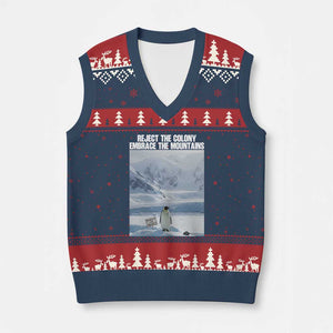 Funny Nihilist Penguin Existential Meme V-Neck Knit Sweater Vest Reject the Colony Embrace the Mountains TS02 Navy Red Print Your Wear