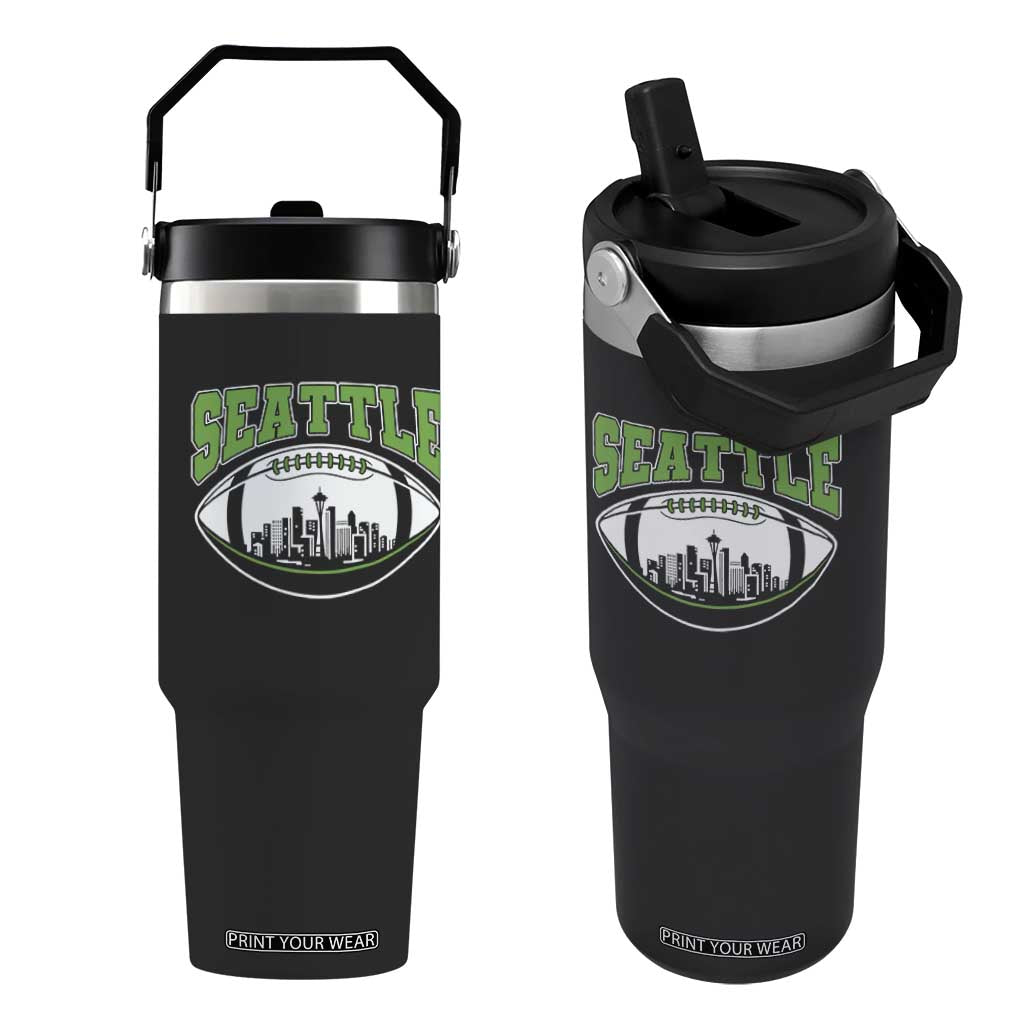 Seattle City Skyline Football Graphic Flip Straw Tumbler Sports Fan Game Day Pride TS02 One Size: 30 oz Black Print Your Wear