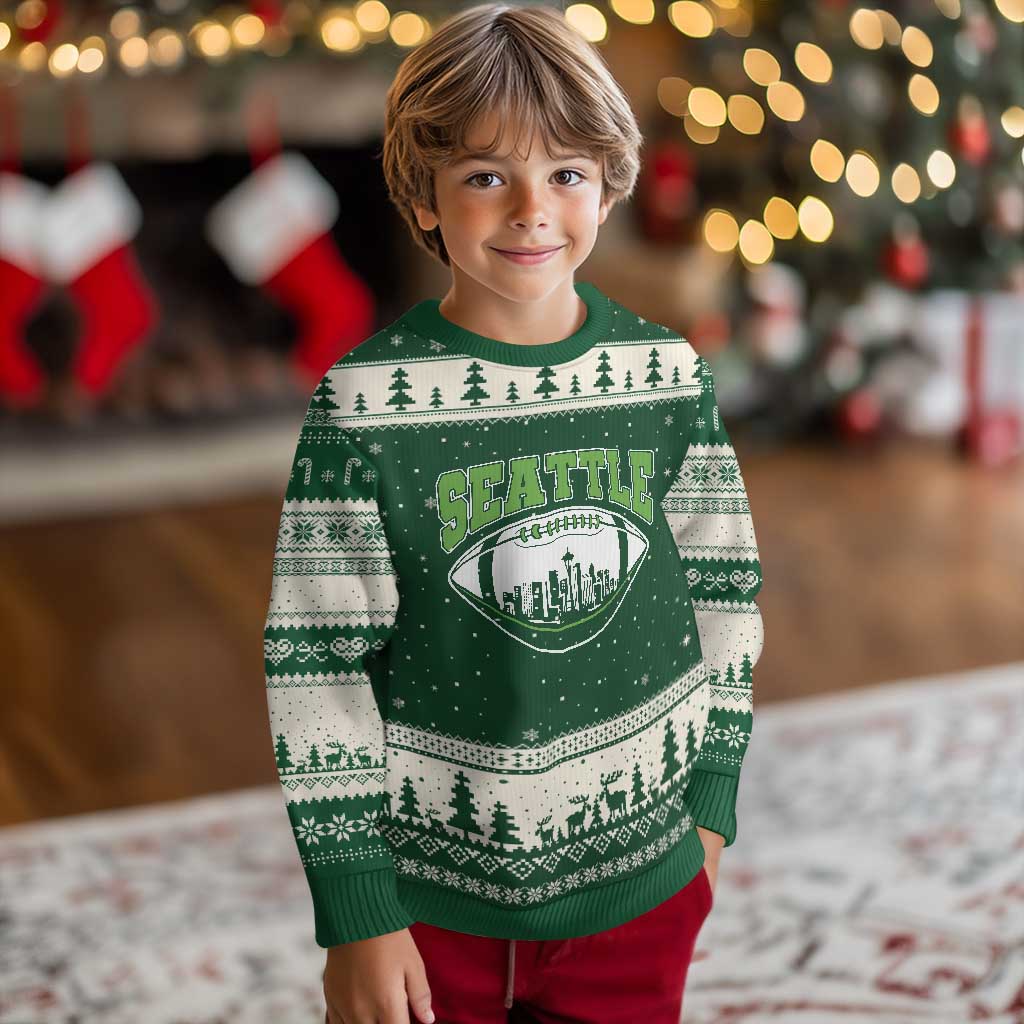 Seattle City Skyline Football Graphic Ugly Christmas Sweater Sports Fan Game Day Pride TS02 Forest Green Beige Print Your Wear