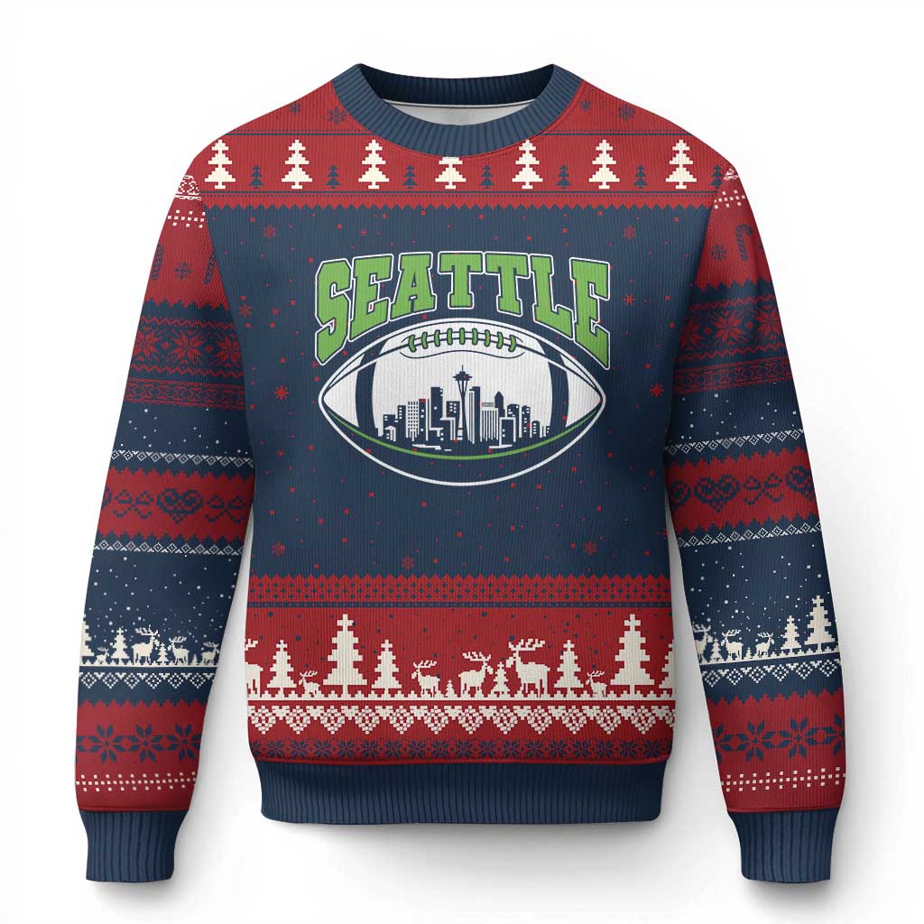 Seattle City Skyline Football Graphic Ugly Christmas Sweater Sports Fan Game Day Pride TS02 Navy Red Print Your Wear