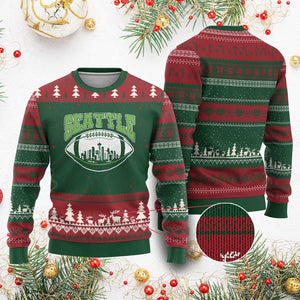 Seattle City Skyline Football Graphic Ugly Christmas Sweater Sports Fan Game Day Pride TS02 Red Green Print Your Wear