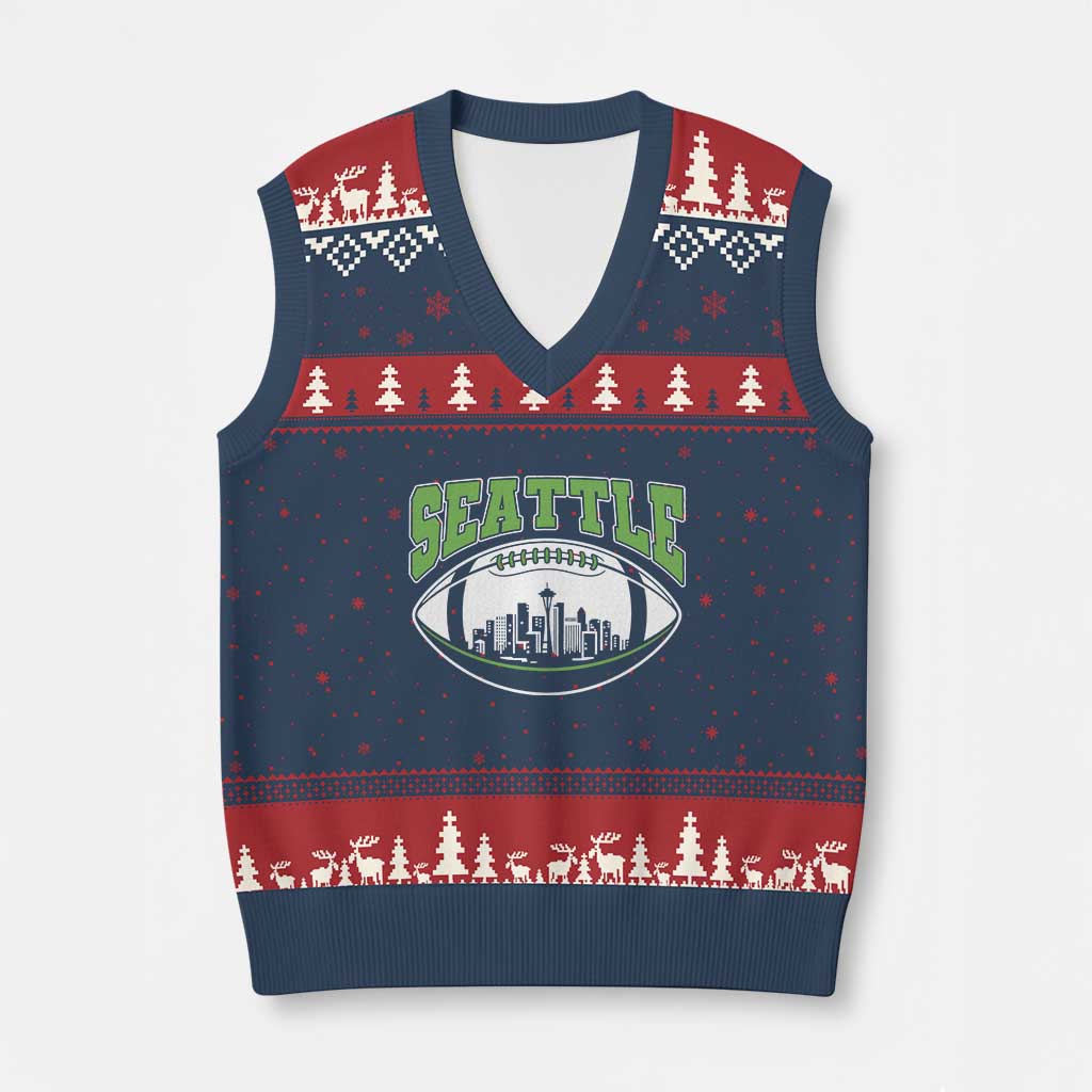 Seattle City Skyline Football Graphic V-Neck Knit Sweater Vest Sports Fan Game Day Pride TS02 Navy Red Print Your Wear