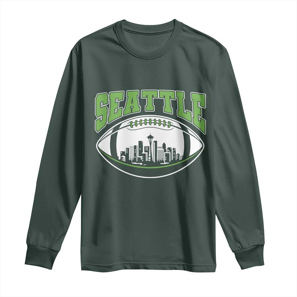 Seattle City Skyline Football Graphic Long Sleeve Shirt Sports Fan Game Day Pride TS02 Dark Forest Green Print Your Wear