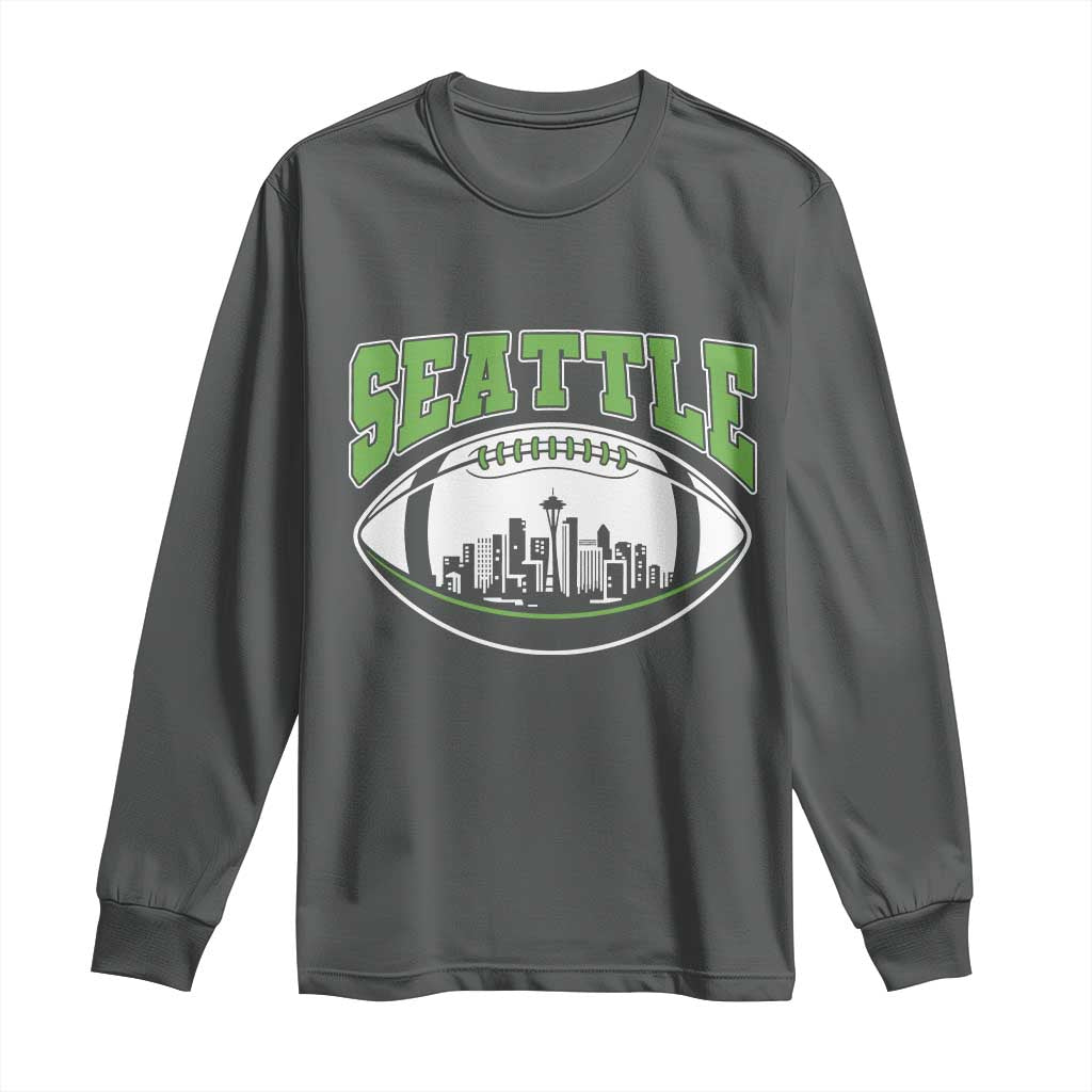 Seattle City Skyline Football Graphic Long Sleeve Shirt Sports Fan Game Day Pride TS02 Dark Heather Print Your Wear