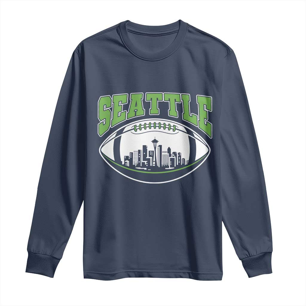 Seattle City Skyline Football Graphic Long Sleeve Shirt Sports Fan Game Day Pride TS02 Navy Print Your Wear