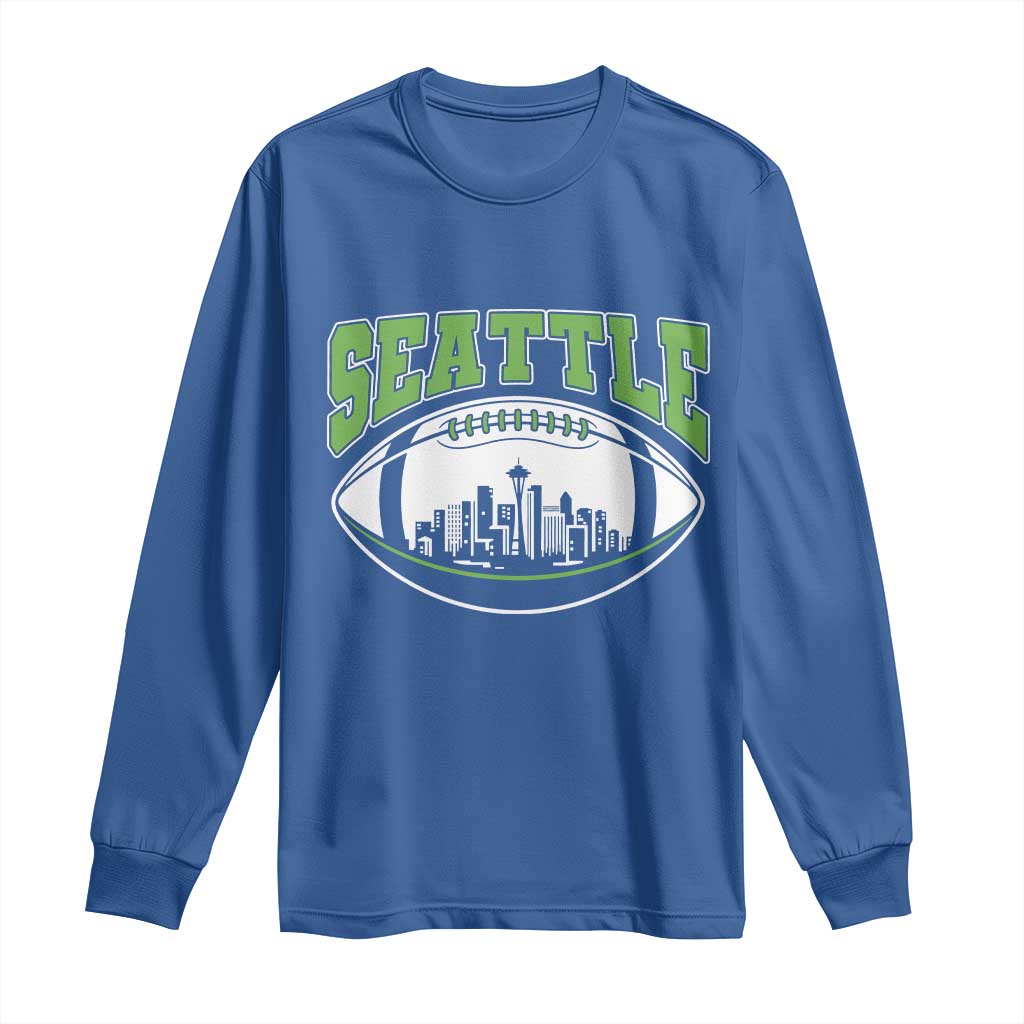 Seattle City Skyline Football Graphic Long Sleeve Shirt Sports Fan Game Day Pride TS02 Royal Blue Print Your Wear
