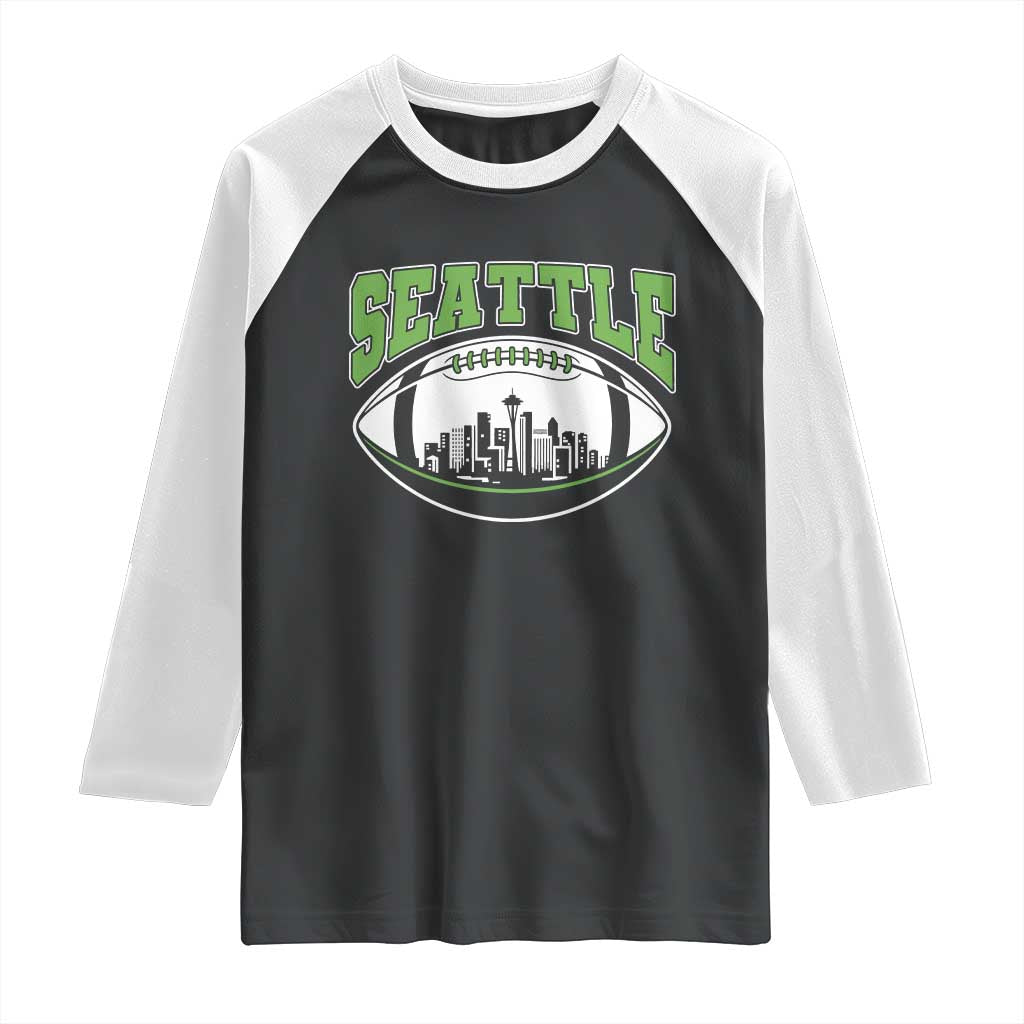Seattle City Skyline Football Graphic Raglan Shirt Sports Fan Game Day Pride TS02 Black White Print Your Wear