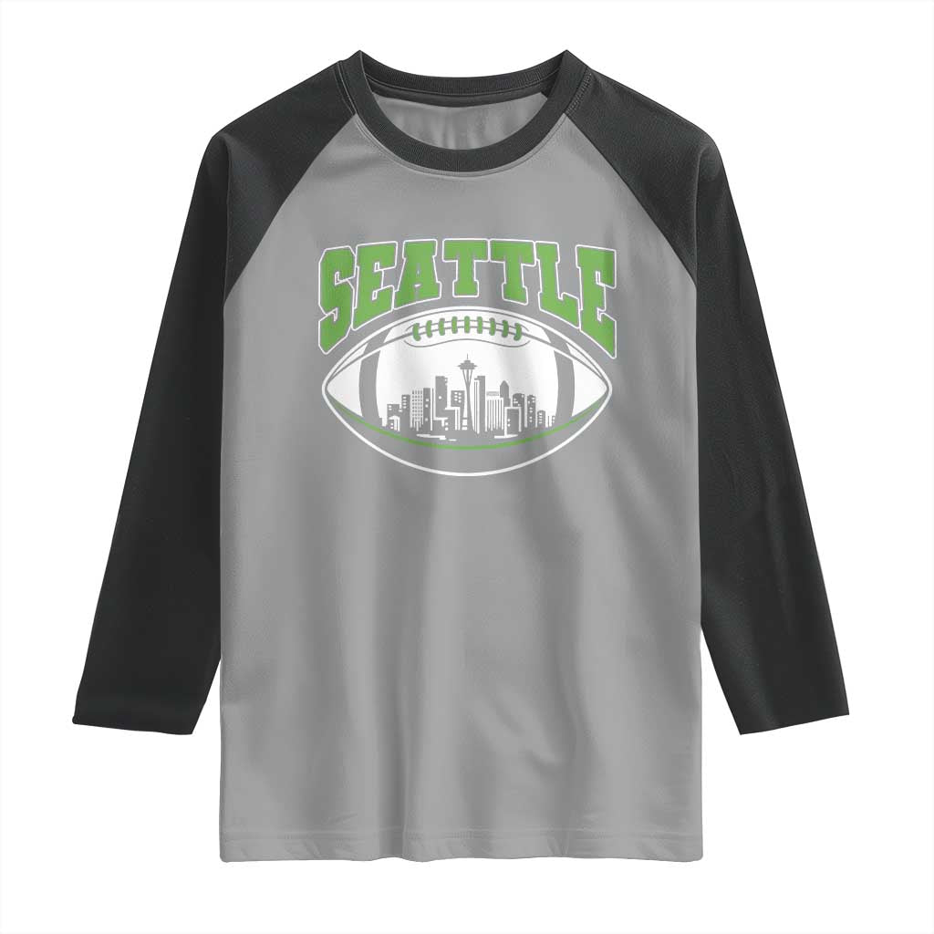 Seattle City Skyline Football Graphic Raglan Shirt Sports Fan Game Day Pride TS02 Sport Gray Black Print Your Wear