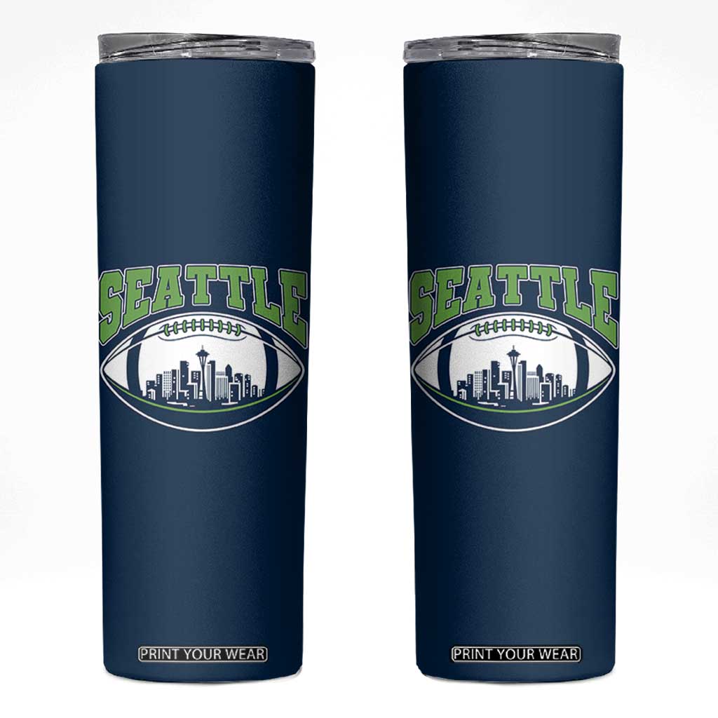 Seattle City Skyline Football Graphic Skinny Tumbler Sports Fan Game Day Pride TS02 Navy Print Your Wear