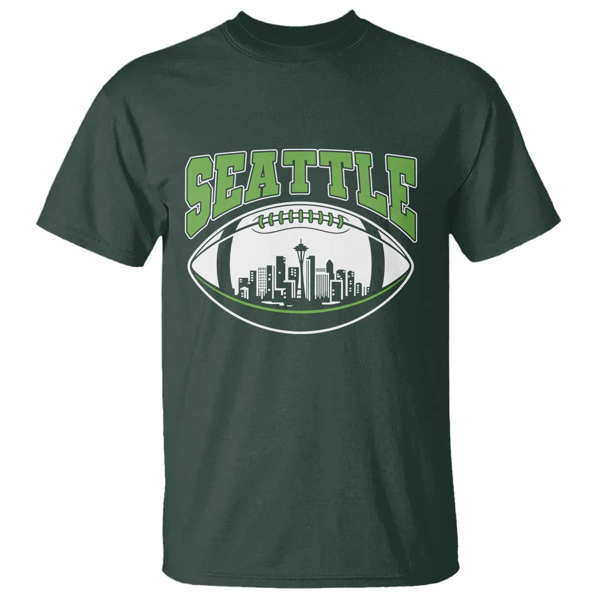 Seattle City Skyline Football Graphic T Shirt Sports Fan Game Day Pride TS02 Dark Forest Green Print Your Wear