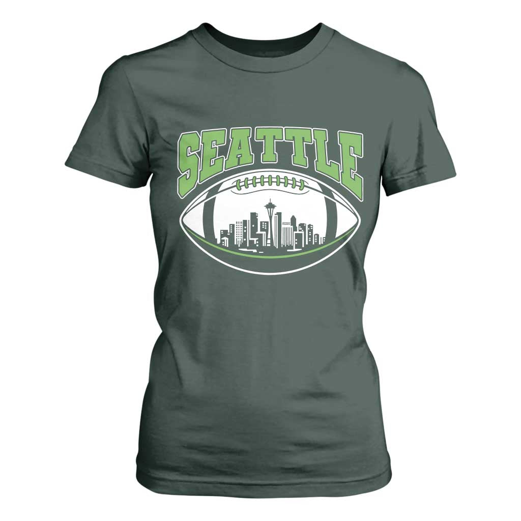 Seattle City Skyline Football Graphic T Shirt For Women Sports Fan Game Day Pride TS02 Dark Forest Green Print Your Wear
