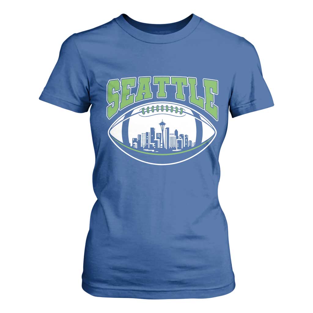 Seattle City Skyline Football Graphic T Shirt For Women Sports Fan Game Day Pride TS02 Royal Blue Print Your Wear