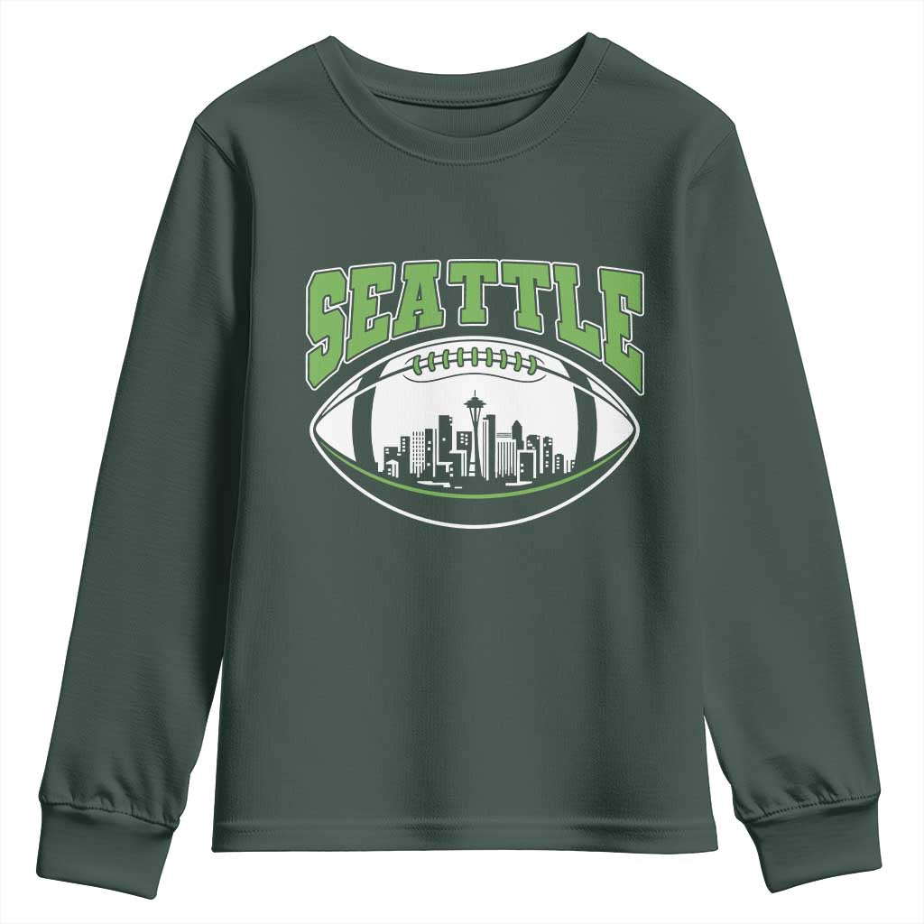Seattle City Skyline Football Graphic Youth Sweatshirt Sports Fan Game Day Pride TS02 Dark Forest Green Print Your Wear