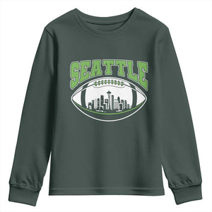 Seattle City Skyline Football Graphic Youth Sweatshirt Sports Fan Game Day Pride TS02 Dark Forest Green Print Your Wear