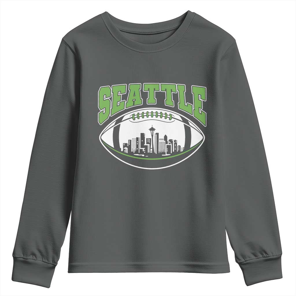 Seattle City Skyline Football Graphic Youth Sweatshirt Sports Fan Game Day Pride TS02 Dark Heather Print Your Wear