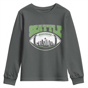 Seattle City Skyline Football Graphic Youth Sweatshirt Sports Fan Game Day Pride TS02 Dark Heather Print Your Wear