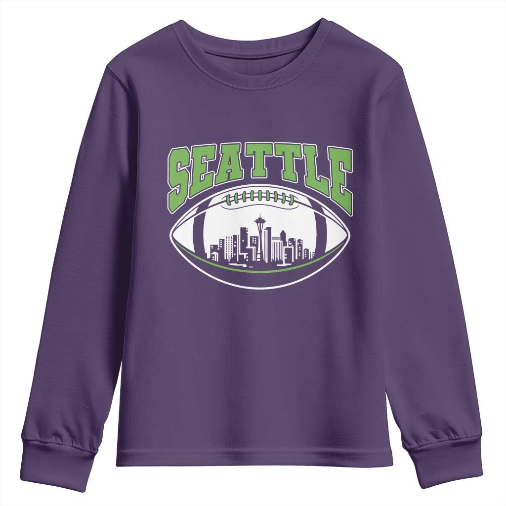 Seattle City Skyline Football Graphic Youth Sweatshirt Sports Fan Game Day Pride TS02 Purple Print Your Wear